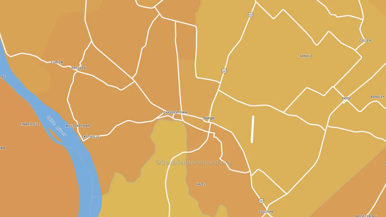 Map of the best neighborhoods in the 42459 area, with better matches in green and worse matches in red