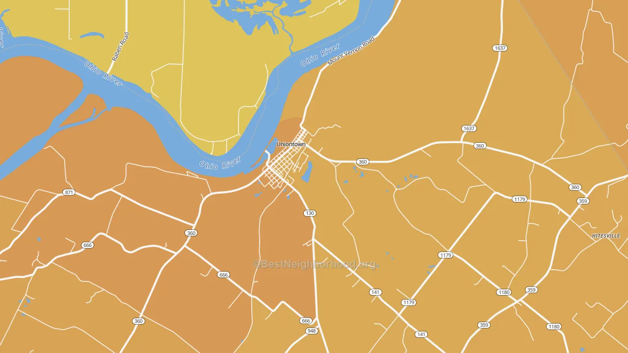 Map of the best neighborhoods in the 42461 area, with better matches in green and worse matches in red