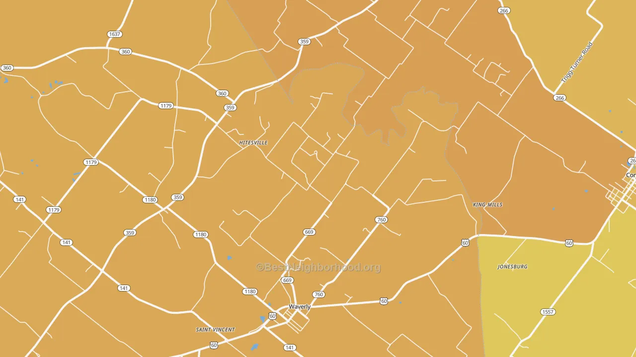Map of the best neighborhoods in the 42462 area, with better matches in green and worse matches in red
