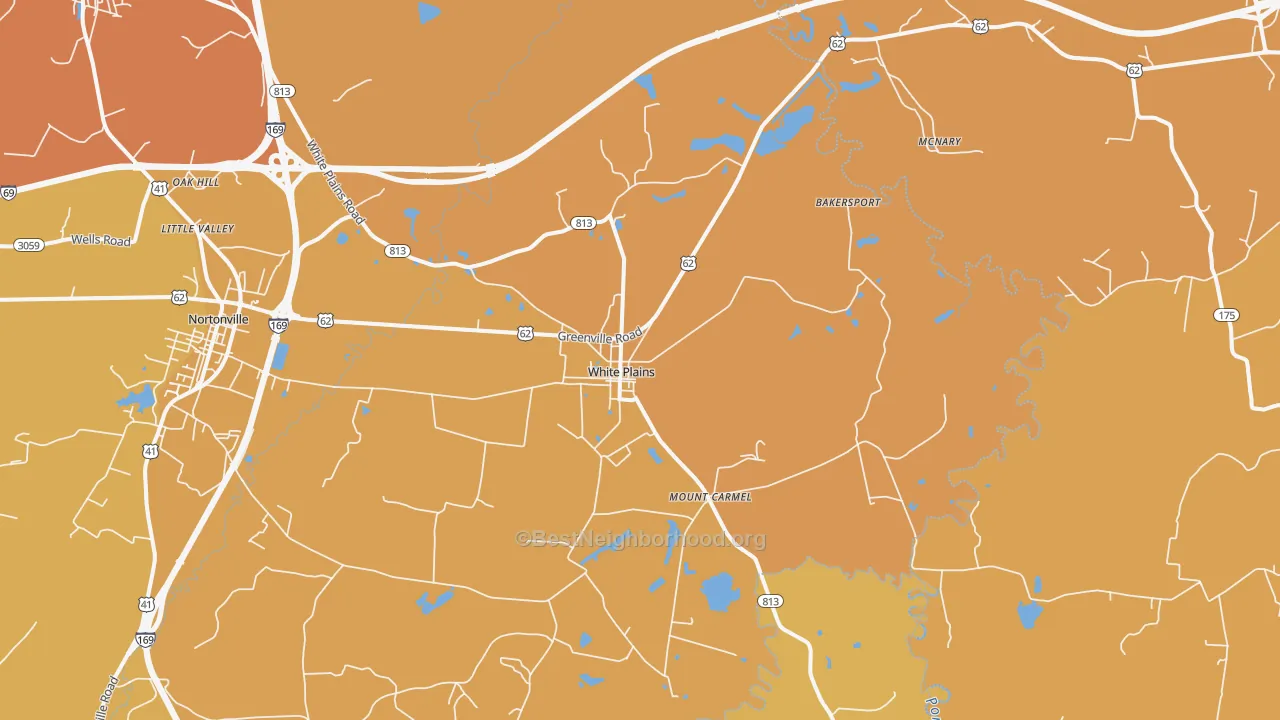 Map of the best neighborhoods in the 42464 area, with better matches in green and worse matches in red