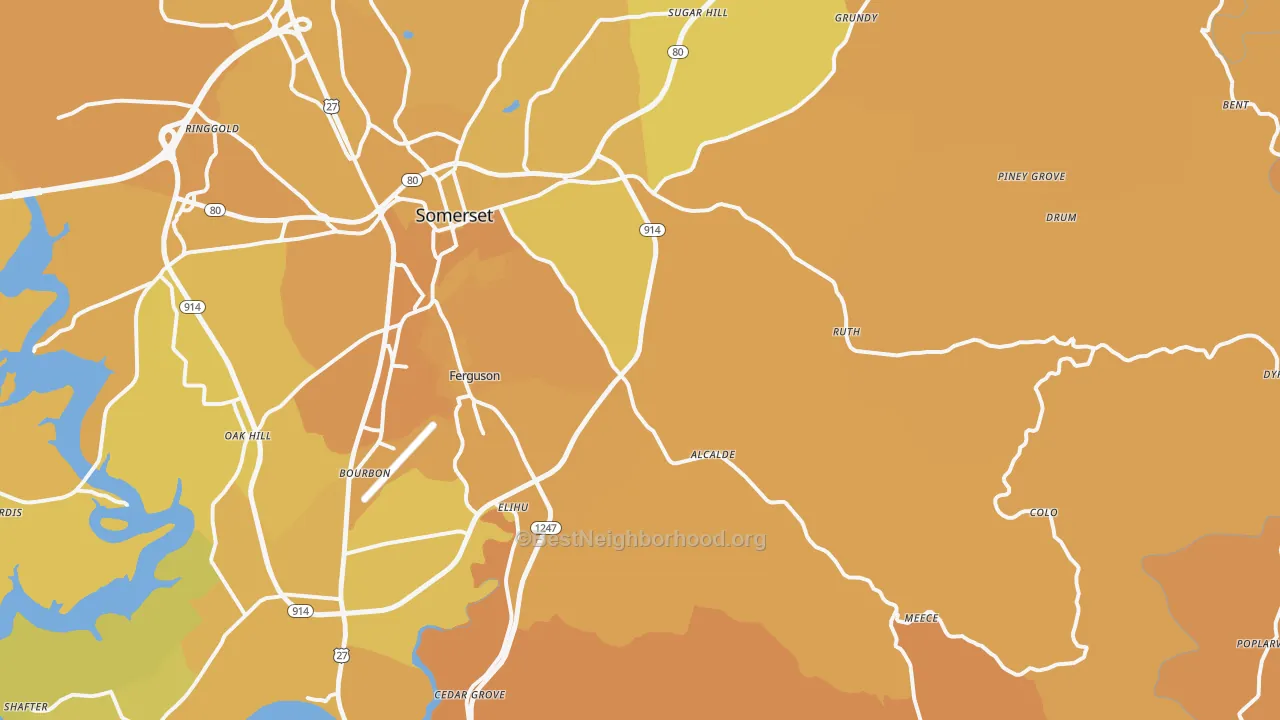 Map of the best neighborhoods in the 42501 area, with better matches in green and worse matches in red