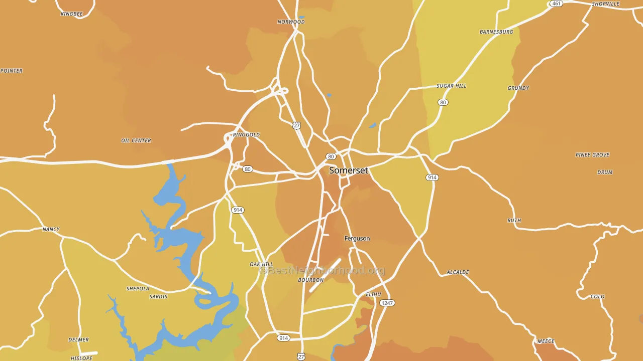 Map of the best neighborhoods in the 42503 area, with better matches in green and worse matches in red