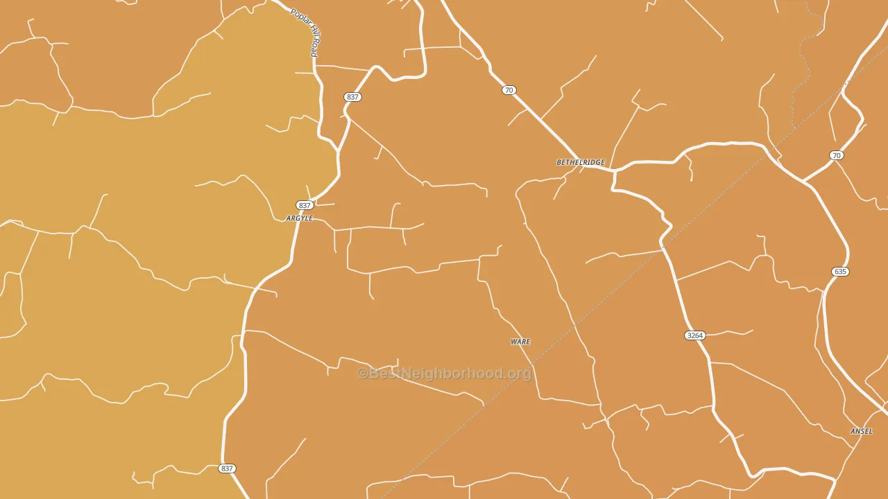 Map of the best neighborhoods in the 42516 area, with better matches in green and worse matches in red