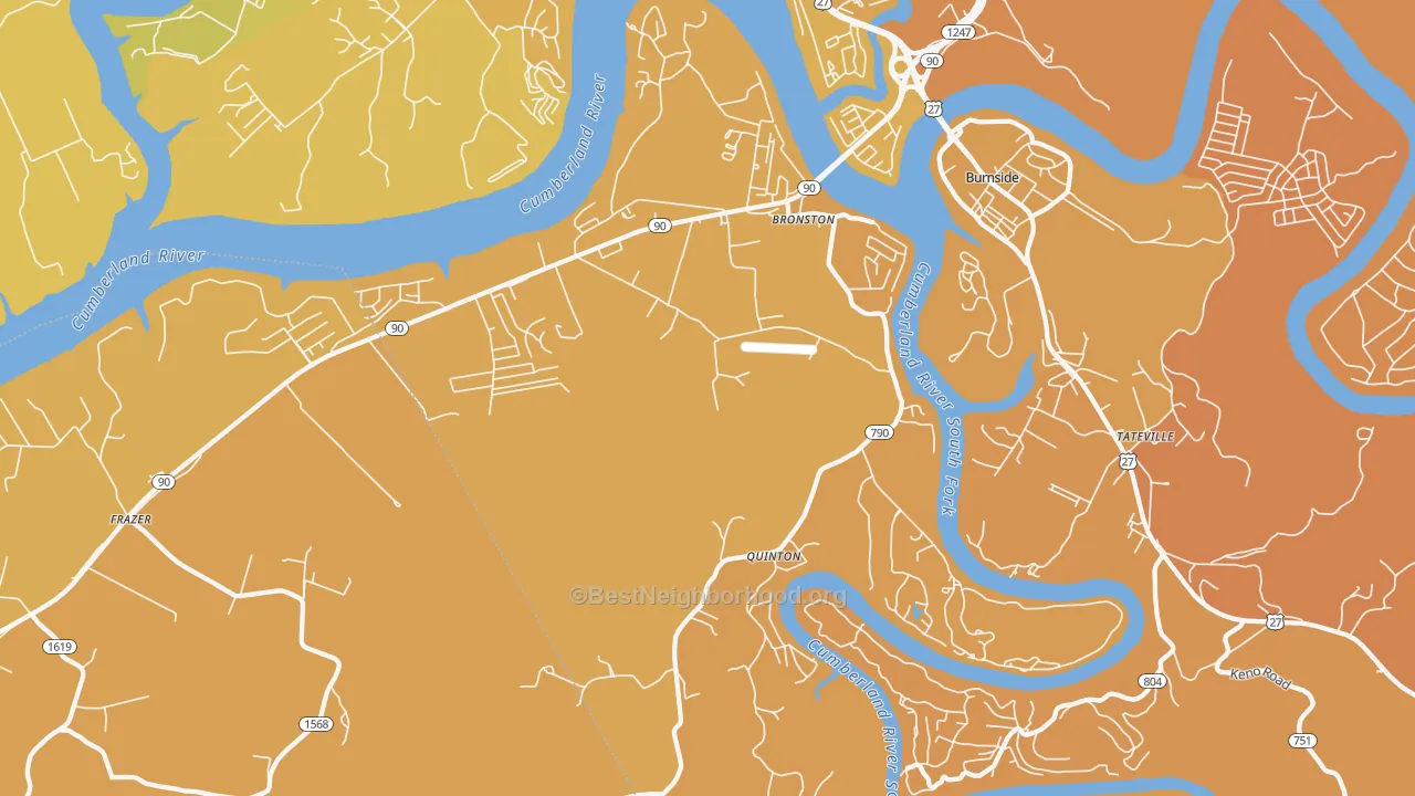 Map of the best neighborhoods in the 42518 area, with better matches in green and worse matches in red