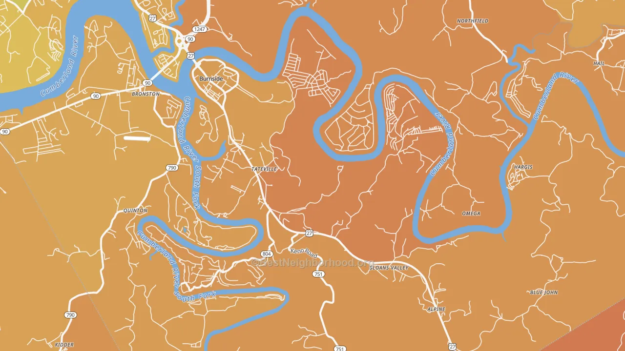 Map of the best neighborhoods in the 42519 area, with better matches in green and worse matches in red