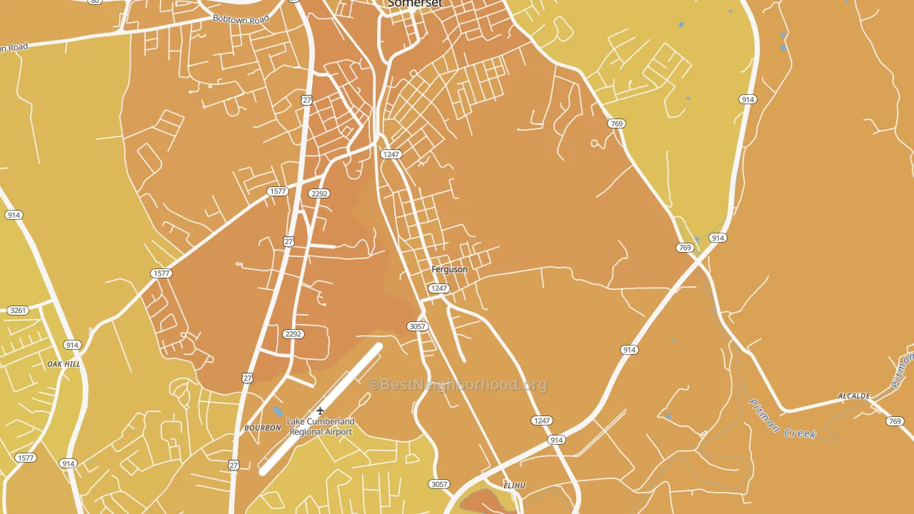 Map of the best neighborhoods in the 42533 area, with better matches in green and worse matches in red