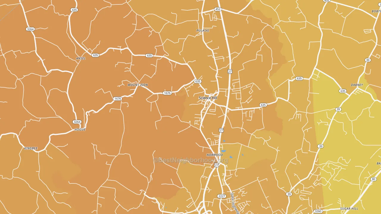 Map of the best neighborhoods in the 42553 area, with better matches in green and worse matches in red