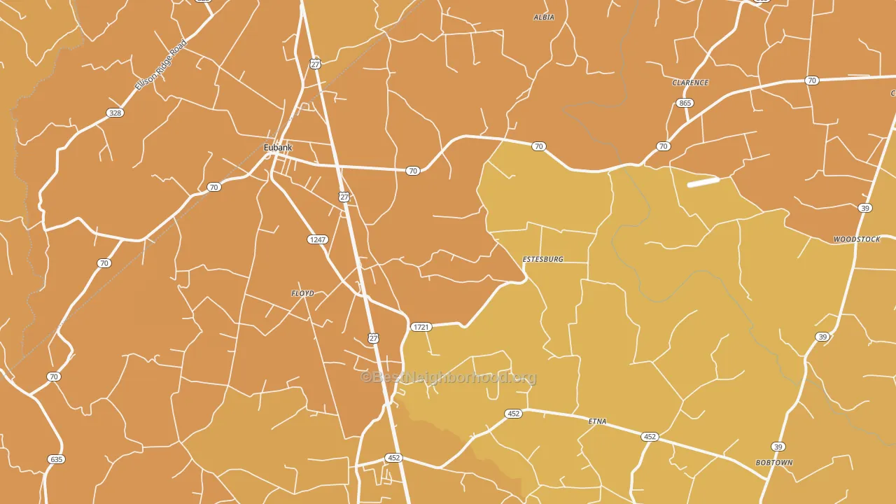 Map of the best neighborhoods in the 42567 area, with better matches in green and worse matches in red