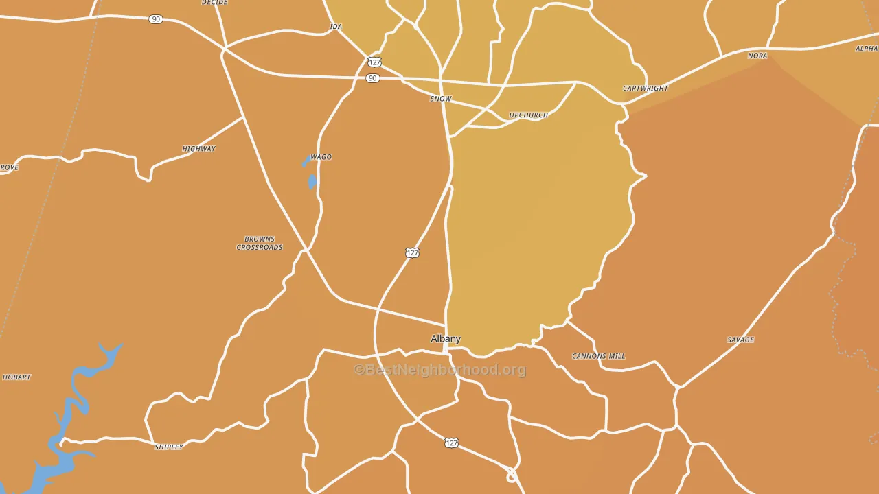 Map of the best neighborhoods in the 42602 area, with better matches in green and worse matches in red
