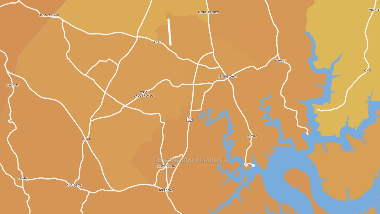 Map of the best neighborhoods in the 42629 area, with better matches in green and worse matches in red
