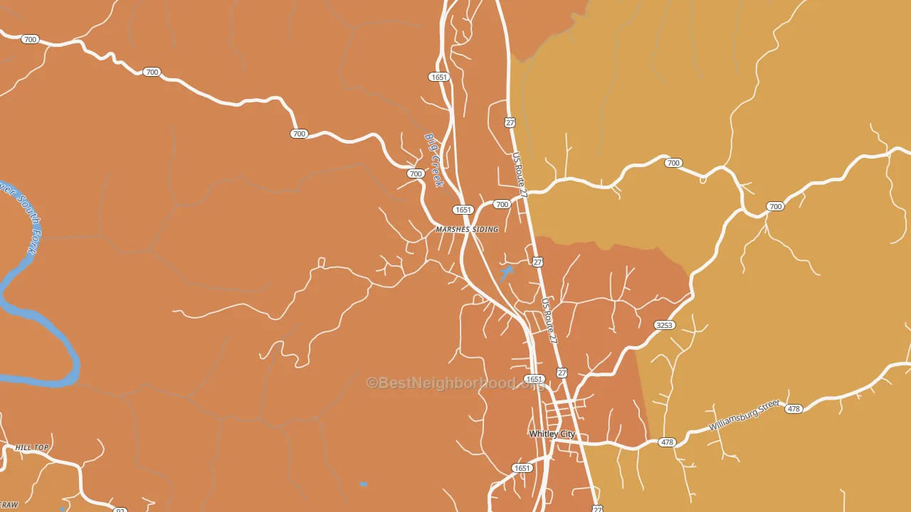 Map of the best neighborhoods in the 42631 area, with better matches in green and worse matches in red