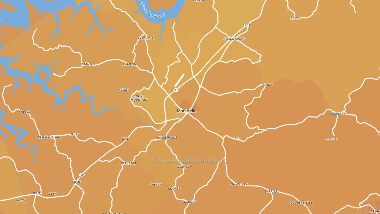 Map of the best neighborhoods in the 42633 area, with better matches in green and worse matches in red