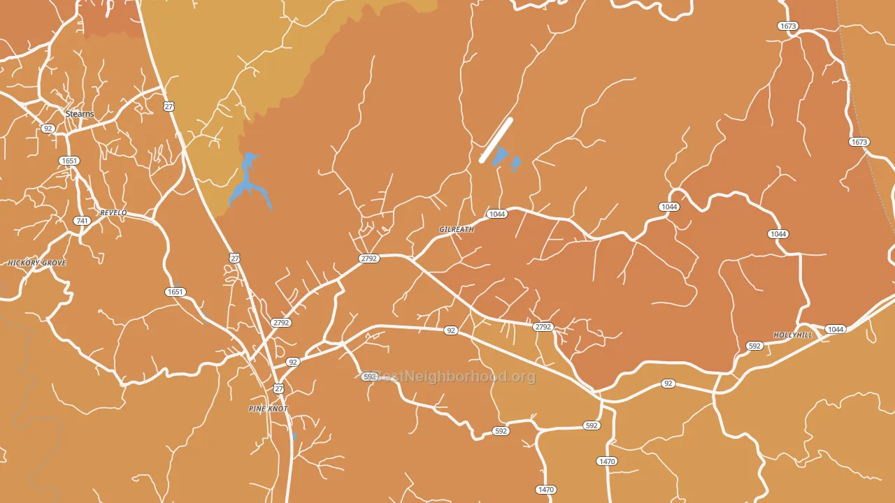 Map of the best neighborhoods in the 42635 area, with better matches in green and worse matches in red