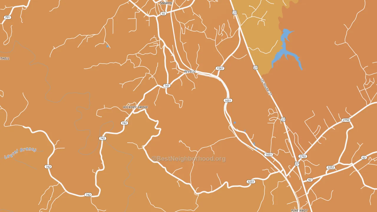 Map of the best neighborhoods in the 42638 area, with better matches in green and worse matches in red