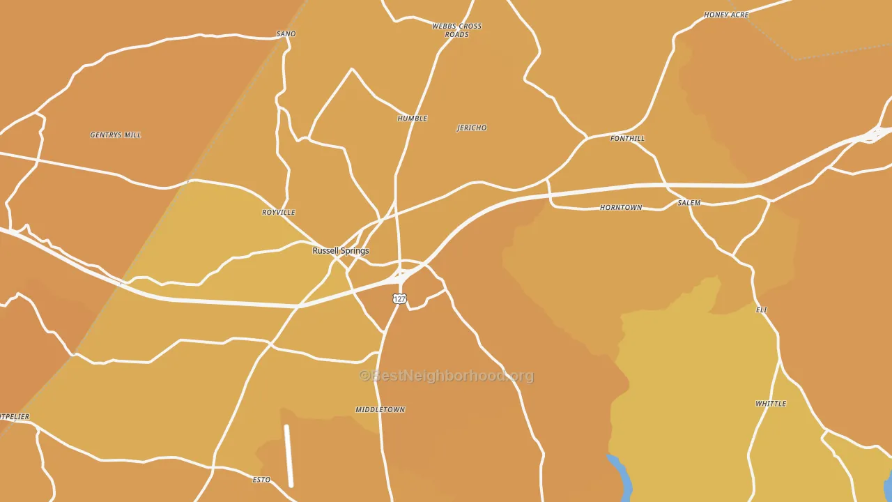 Map of the best neighborhoods in the 42642 area, with better matches in green and worse matches in red