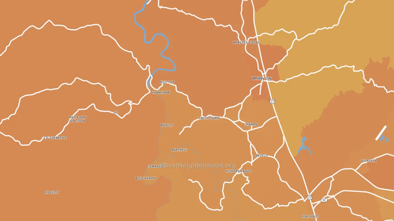 Map of the best neighborhoods in the 42647 area, with better matches in green and worse matches in red