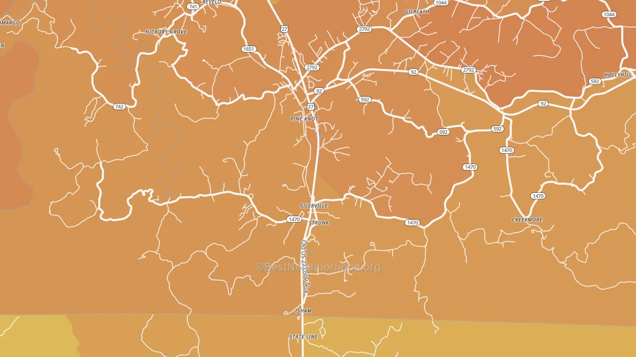 Map of the best neighborhoods in the 42649 area, with better matches in green and worse matches in red