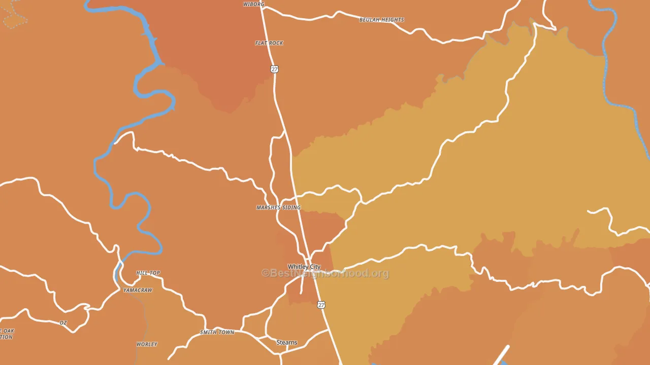 Map of the best neighborhoods in the 42653 area, with better matches in green and worse matches in red