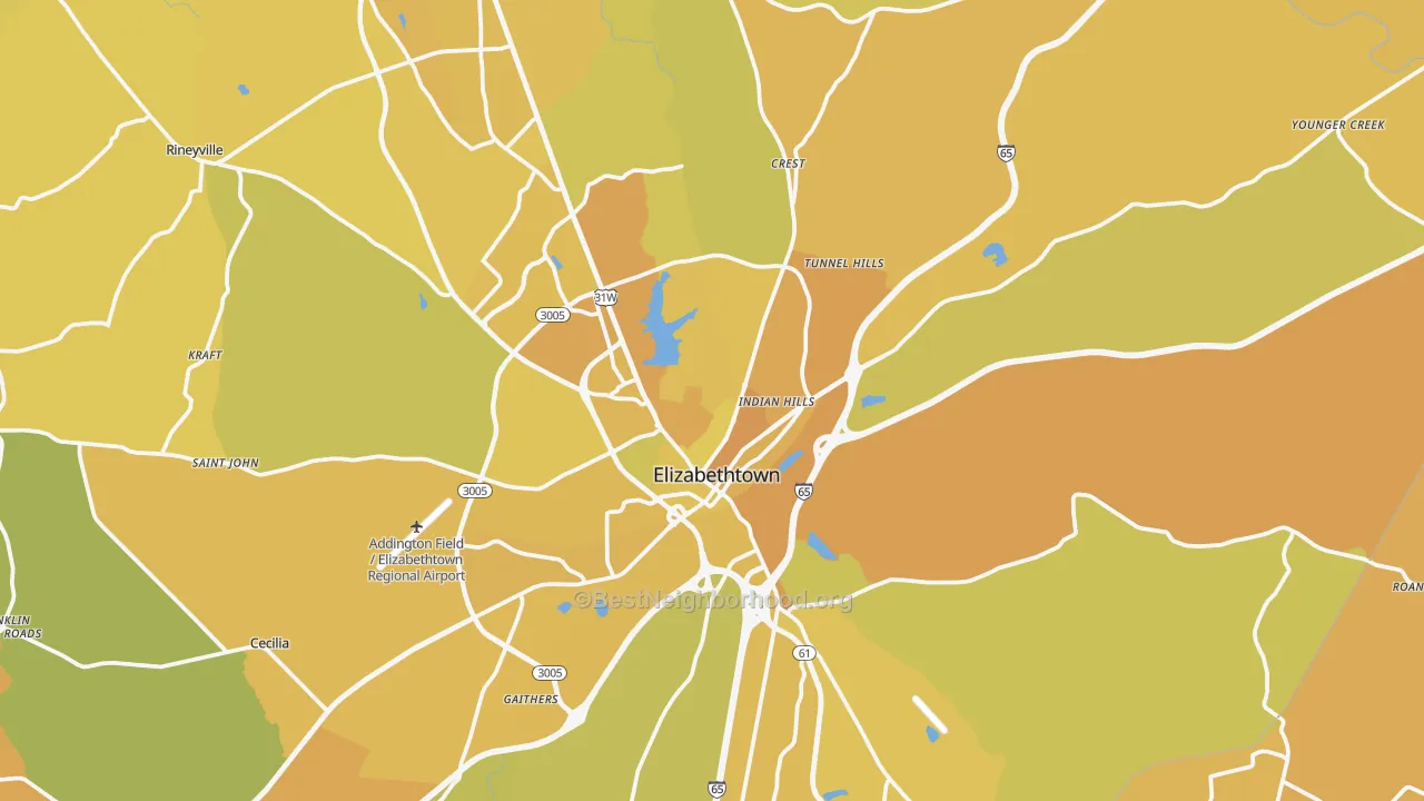 Map of the best neighborhoods in the 42701 area, with better matches in green and worse matches in red