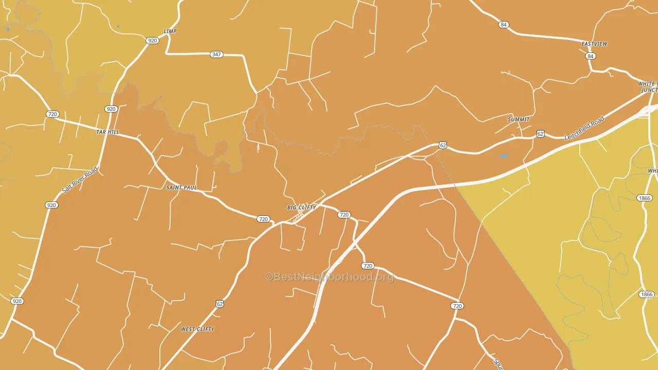 Map of the best neighborhoods in the 42712 area, with better matches in green and worse matches in red