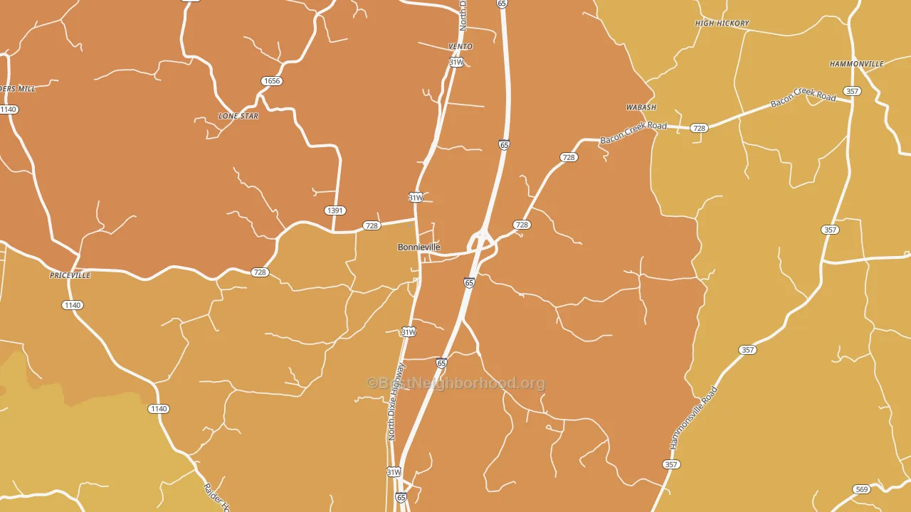 Map of the best neighborhoods in the 42713 area, with better matches in green and worse matches in red