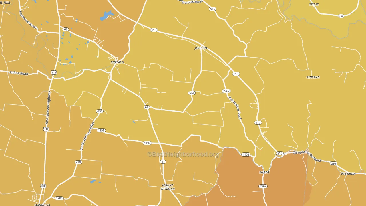Map of the best neighborhoods in the 42716 area, with better matches in green and worse matches in red