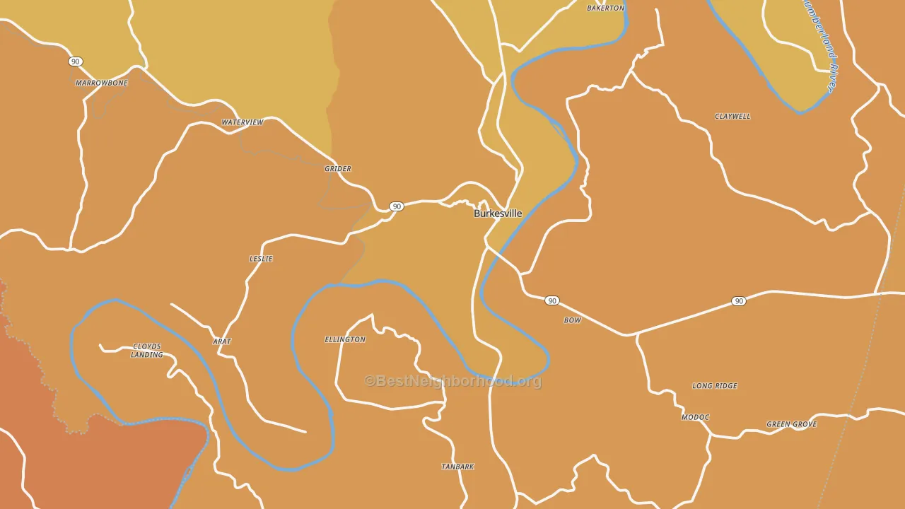Map of the best neighborhoods in the 42717 area, with better matches in green and worse matches in red