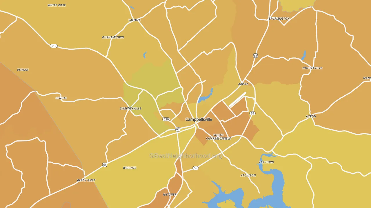 Map of the best neighborhoods in the 42718 area, with better matches in green and worse matches in red