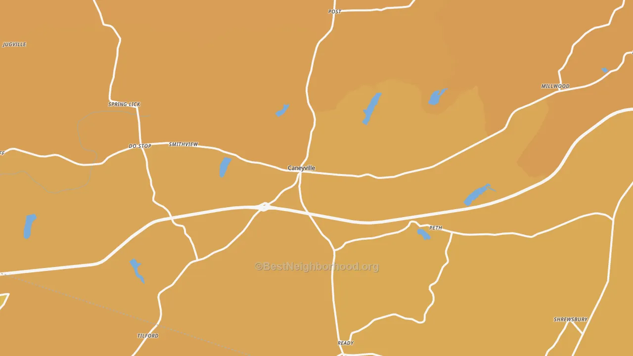 Map of the best neighborhoods in the 42721 area, with better matches in green and worse matches in red
