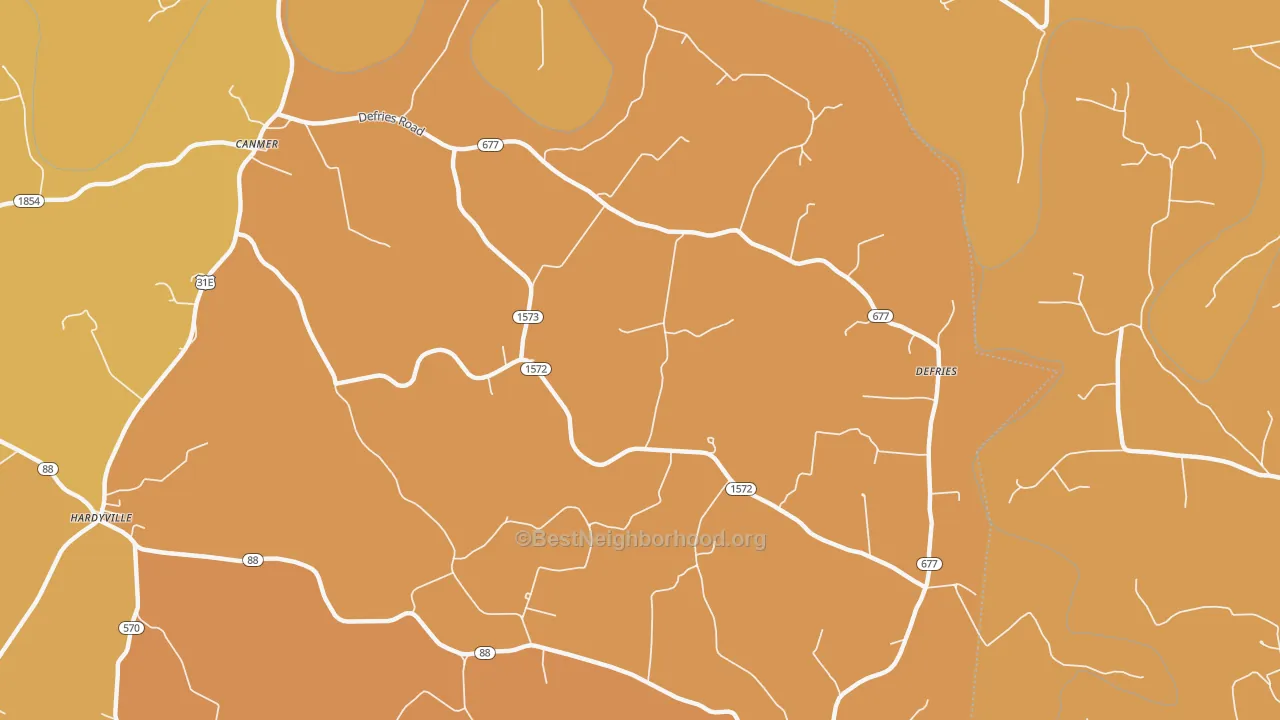 Map of the best neighborhoods in the 42722 area, with better matches in green and worse matches in red