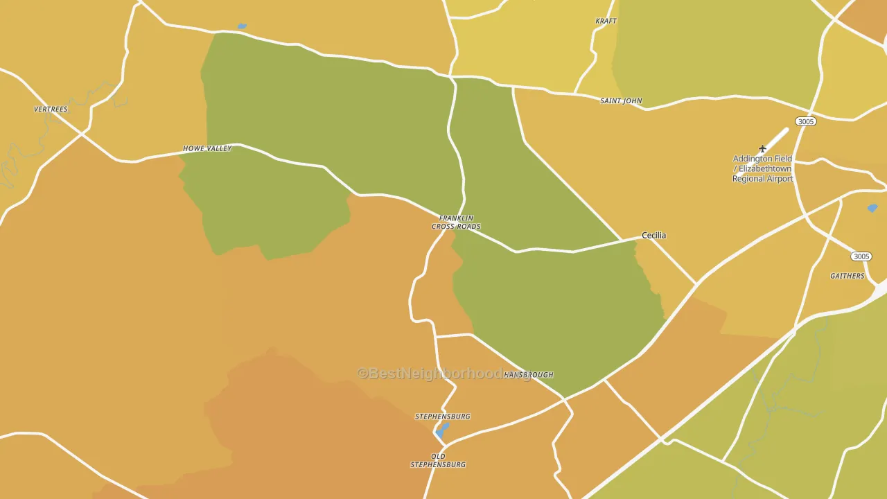 Map of the best neighborhoods in the 42724 area, with better matches in green and worse matches in red