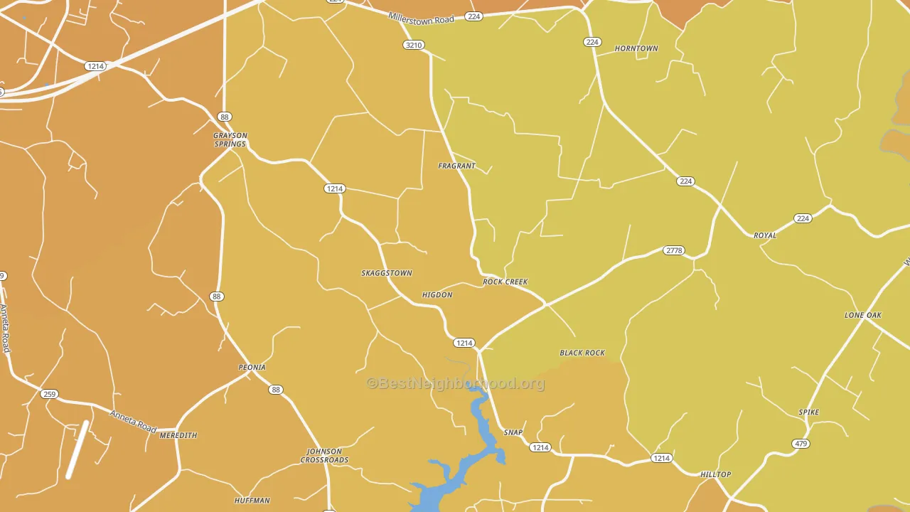 Map of the best neighborhoods in the 42726 area, with better matches in green and worse matches in red