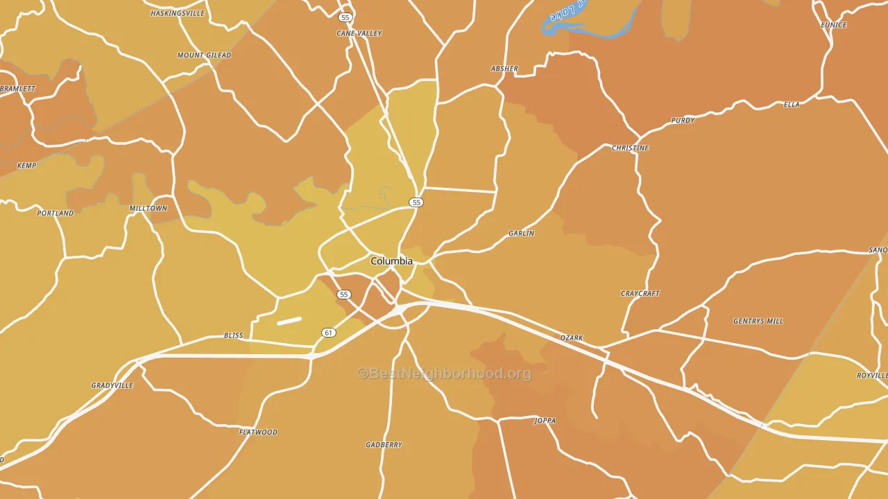 Map of the best neighborhoods in the 42728 area, with better matches in green and worse matches in red