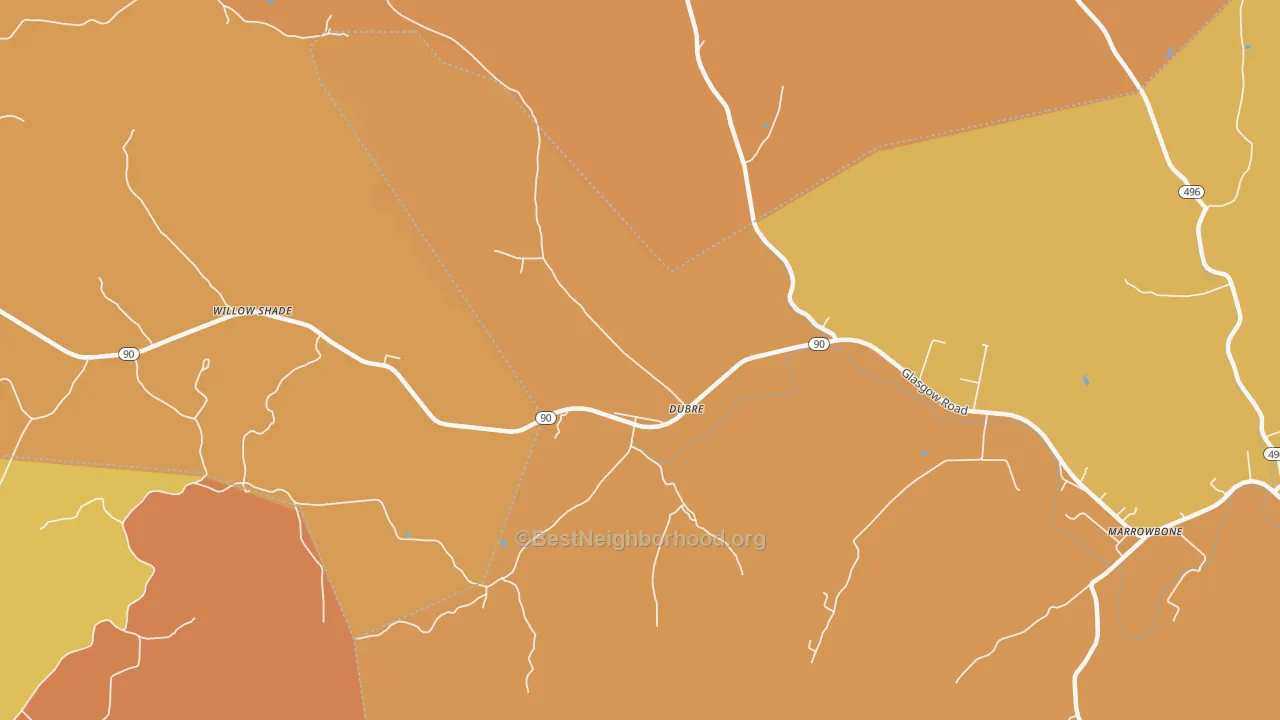 Map of the best neighborhoods in the 42731 area, with better matches in green and worse matches in red