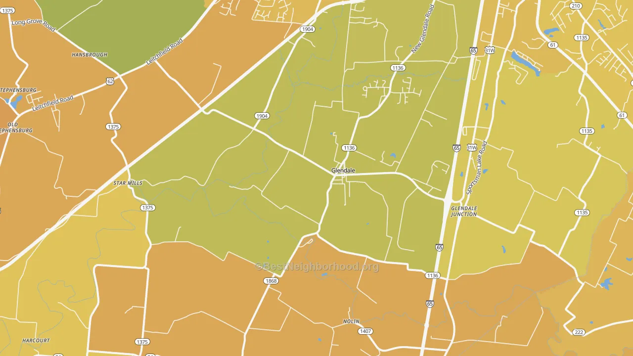 Map of the best neighborhoods in the 42740 area, with better matches in green and worse matches in red