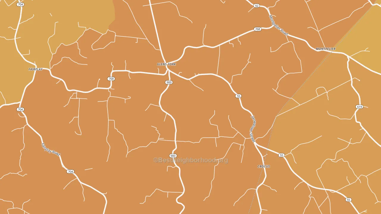 Map of the best neighborhoods in the 42741 area, with better matches in green and worse matches in red