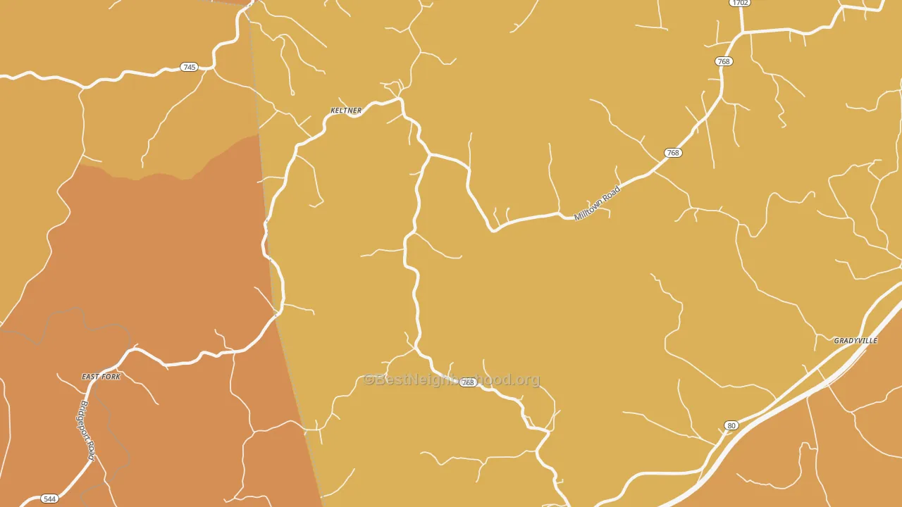 Map of the best neighborhoods in the 42742 area, with better matches in green and worse matches in red