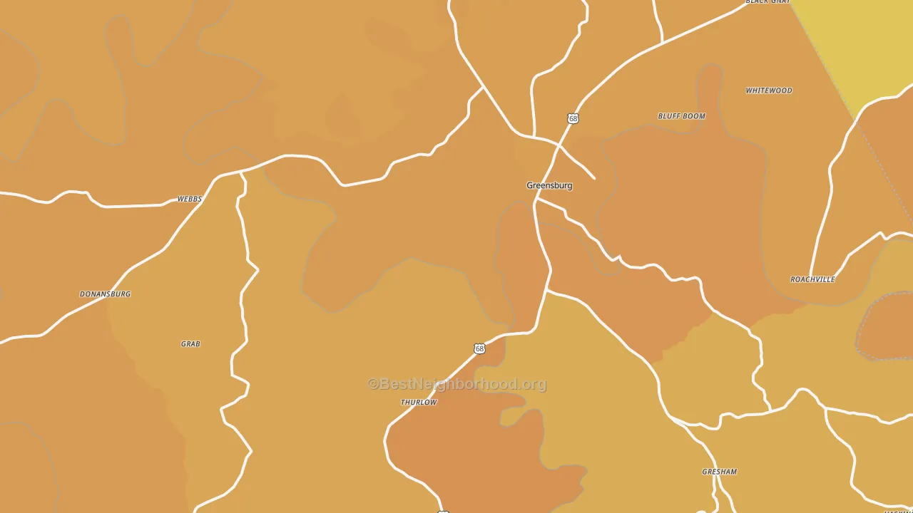 Map of the best neighborhoods in the 42743 area, with better matches in green and worse matches in red