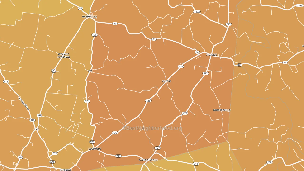 Map of the best neighborhoods in the 42746 area, with better matches in green and worse matches in red