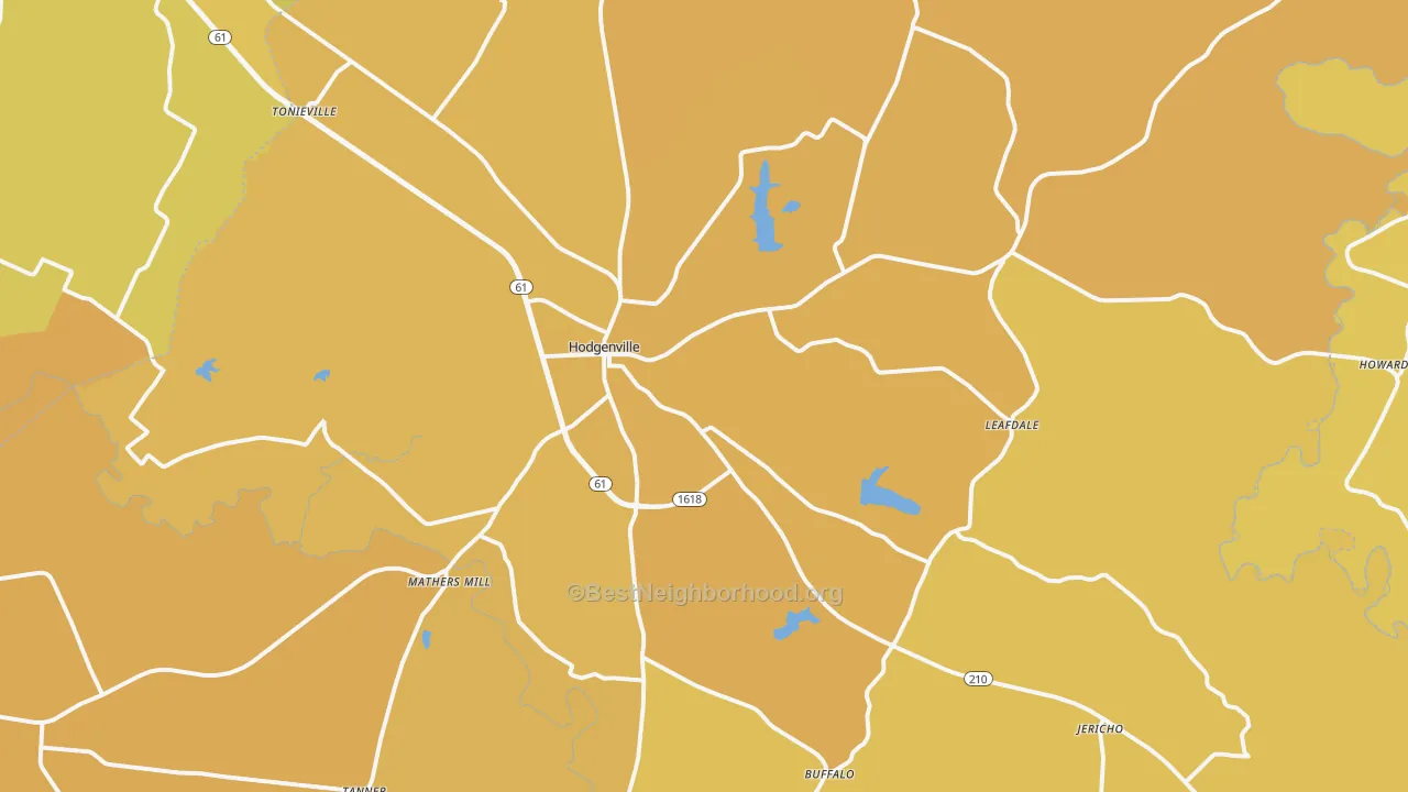 Map of the best neighborhoods in the 42748 area, with better matches in green and worse matches in red