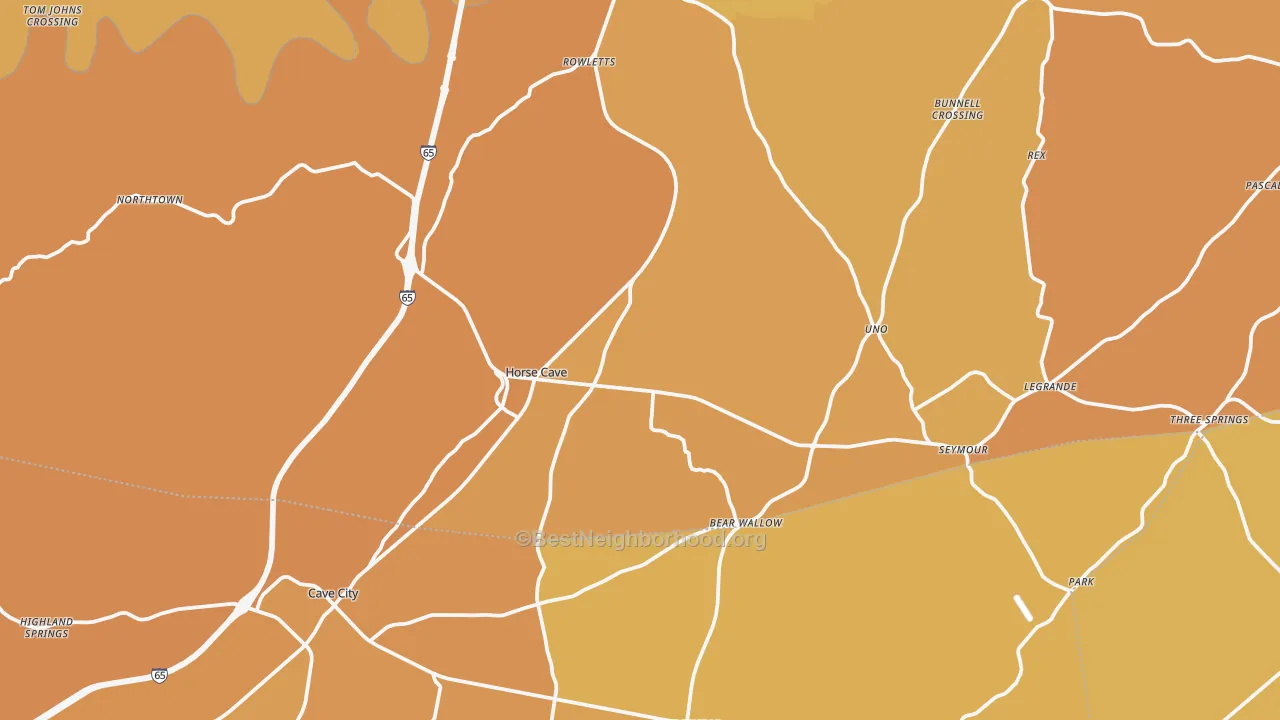 Map of the best neighborhoods in the 42749 area, with better matches in green and worse matches in red