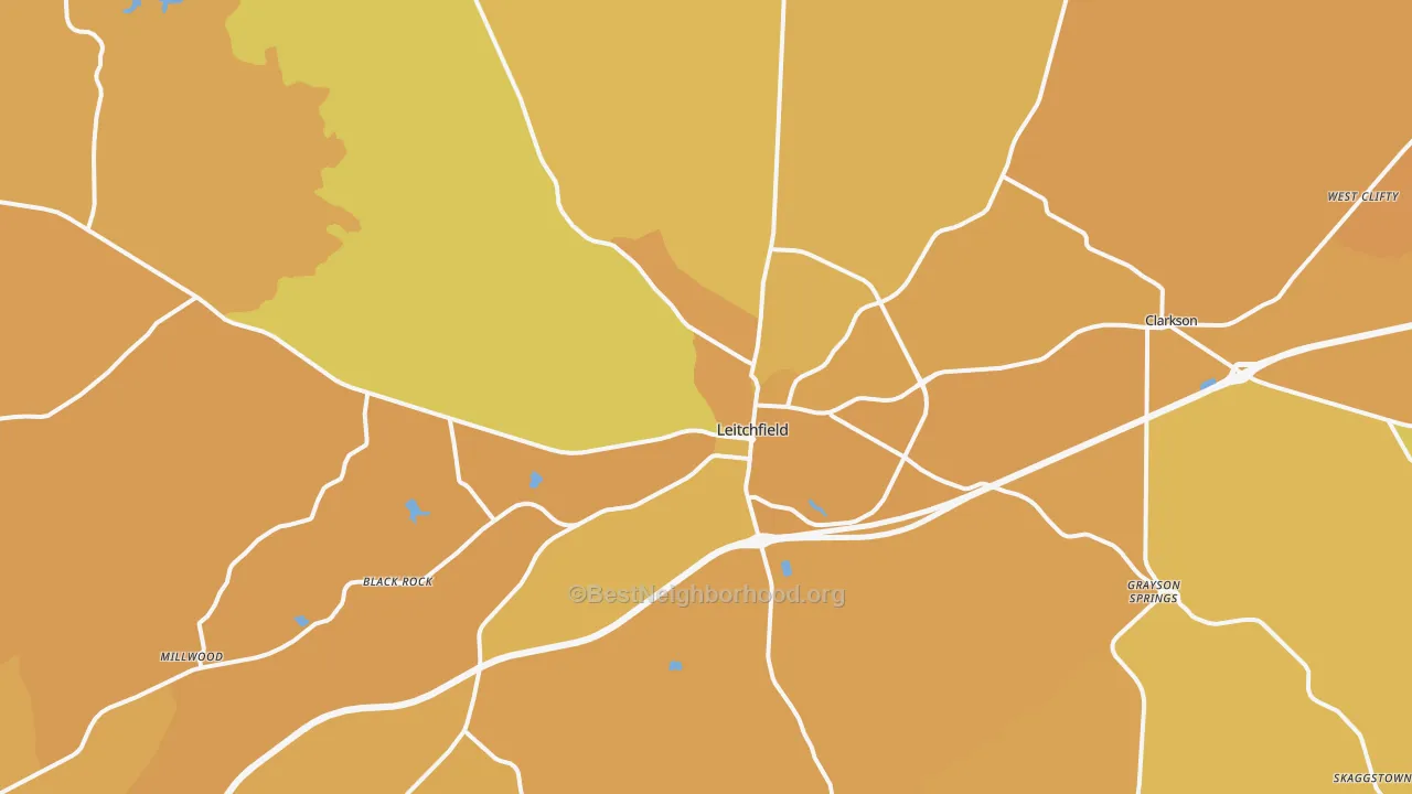 Map of the best neighborhoods in the 42754 area, with better matches in green and worse matches in red