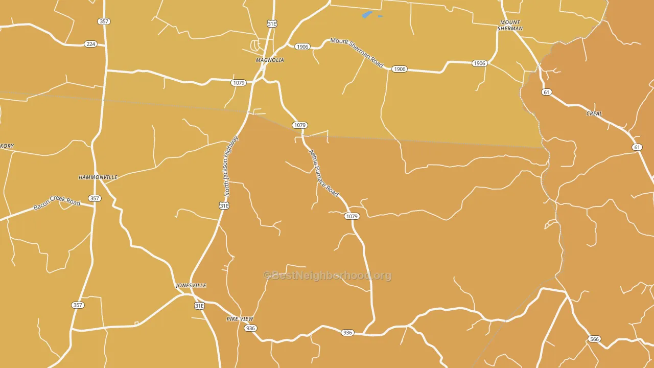 Map of the best neighborhoods in the 42757 area, with better matches in green and worse matches in red