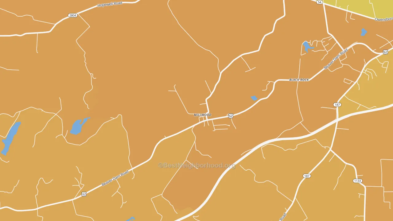 Map of the best neighborhoods in the 42762 area, with better matches in green and worse matches in red