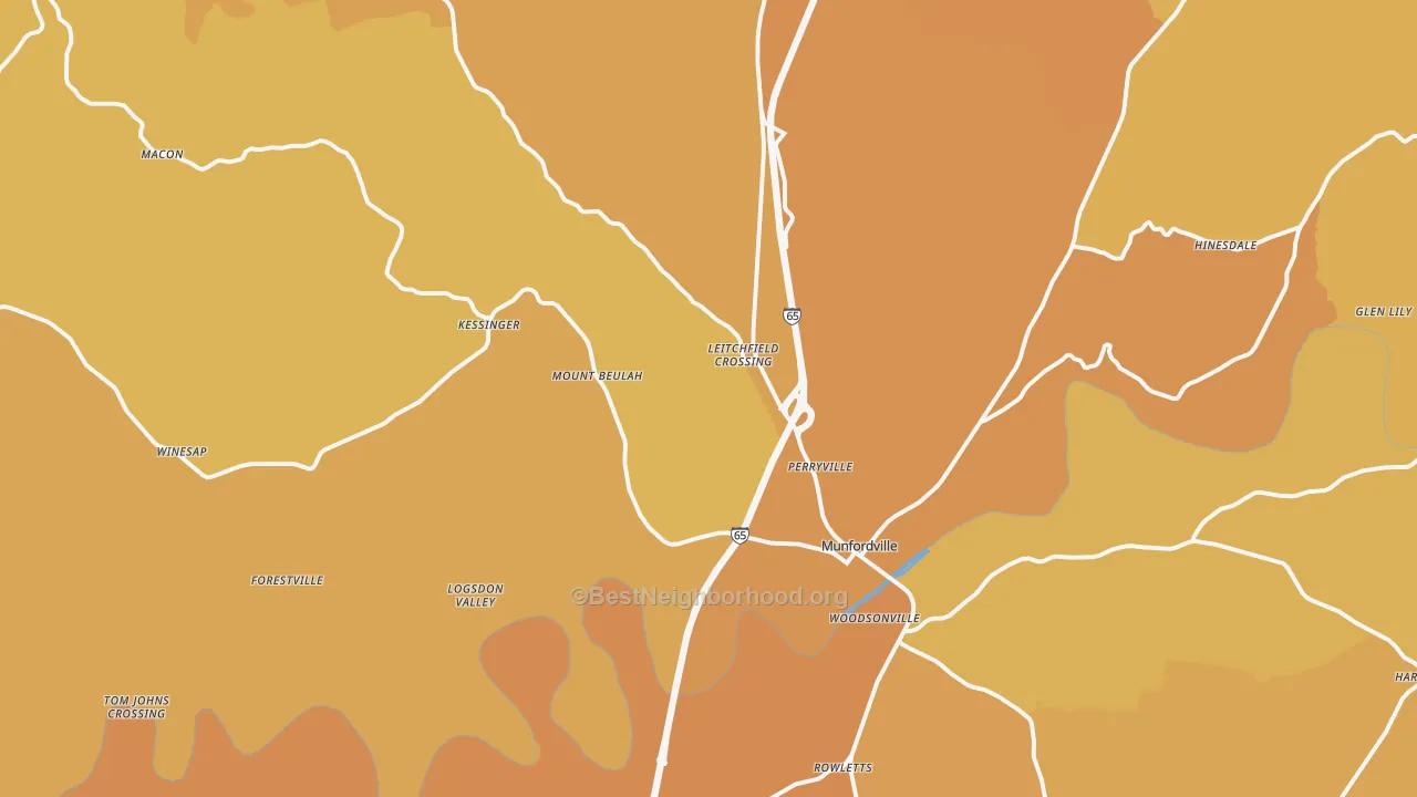 Map of the best neighborhoods in the 42765 area, with better matches in green and worse matches in red