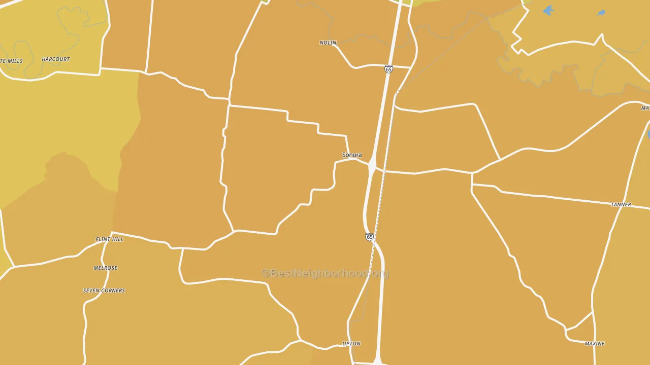 Map of the best neighborhoods in the 42776 area, with better matches in green and worse matches in red