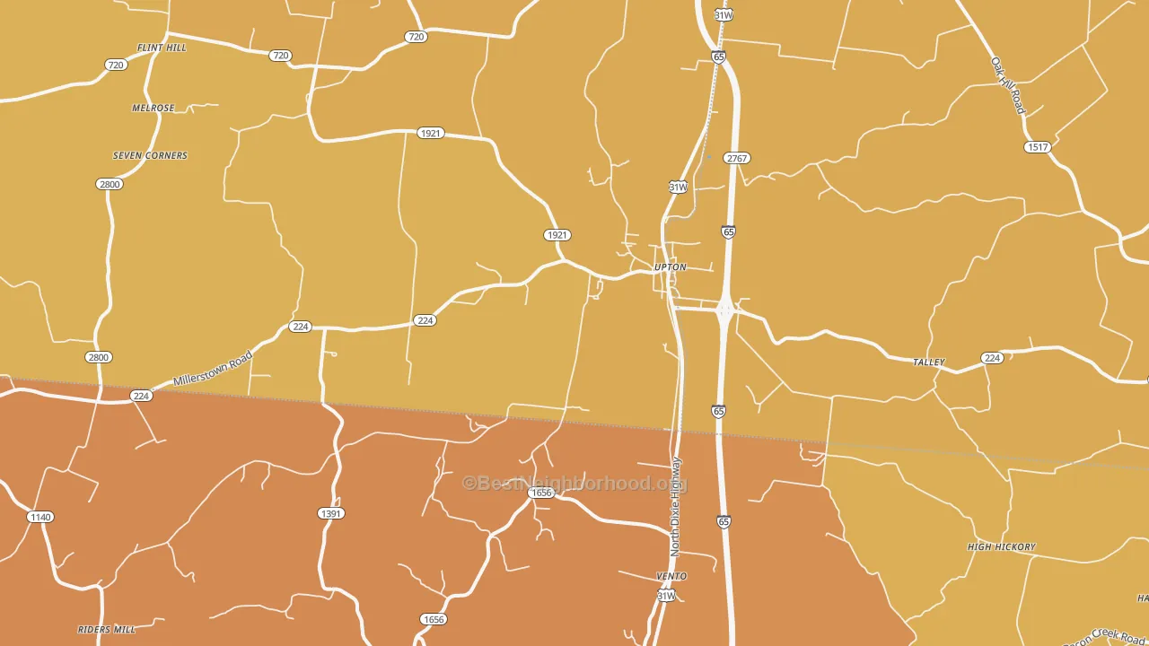 Map of the best neighborhoods in the 42784 area, with better matches in green and worse matches in red
