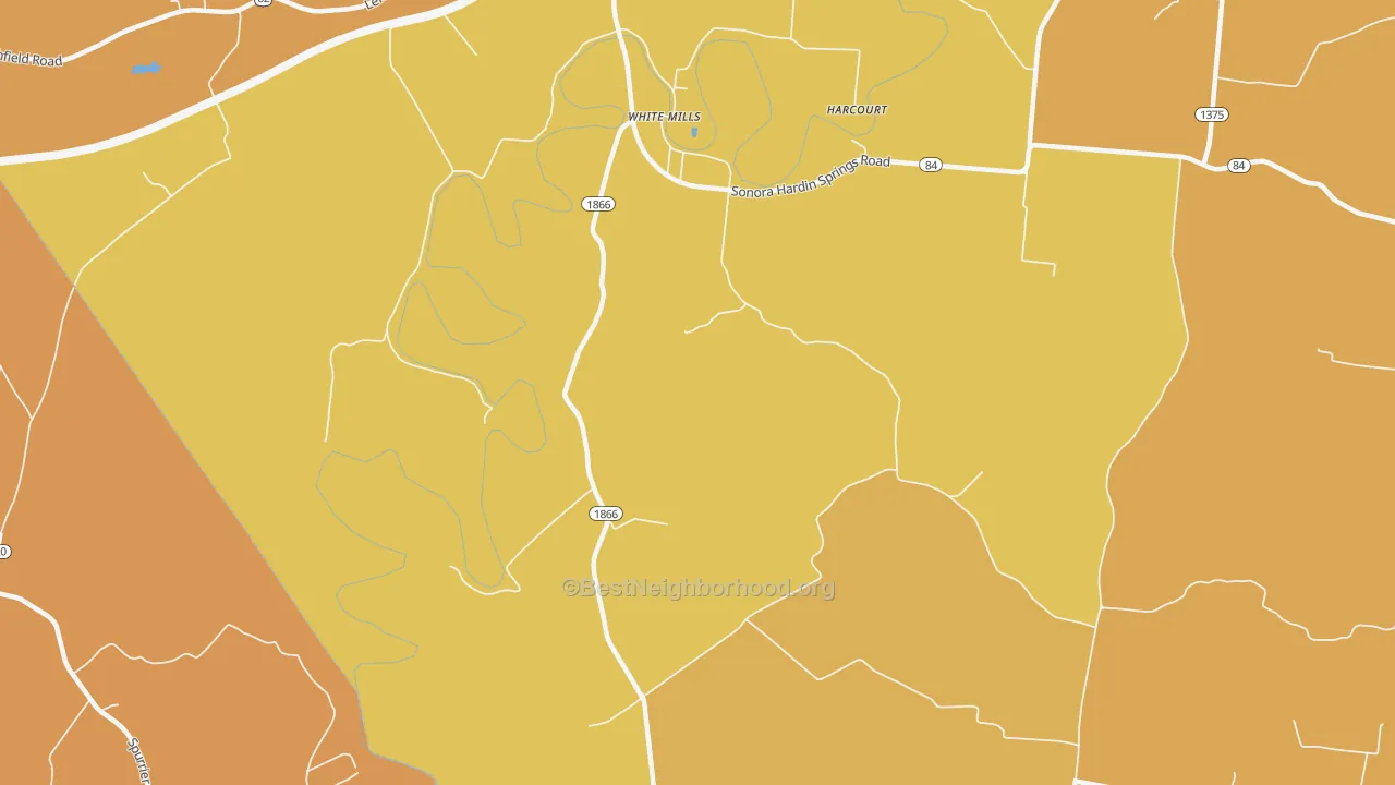 Map of the best neighborhoods in the 42788 area, with better matches in green and worse matches in red