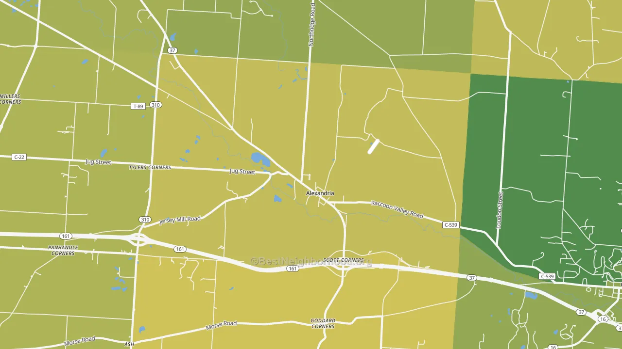 Map of the best neighborhoods in the 43001 area, with better matches in green and worse matches in red