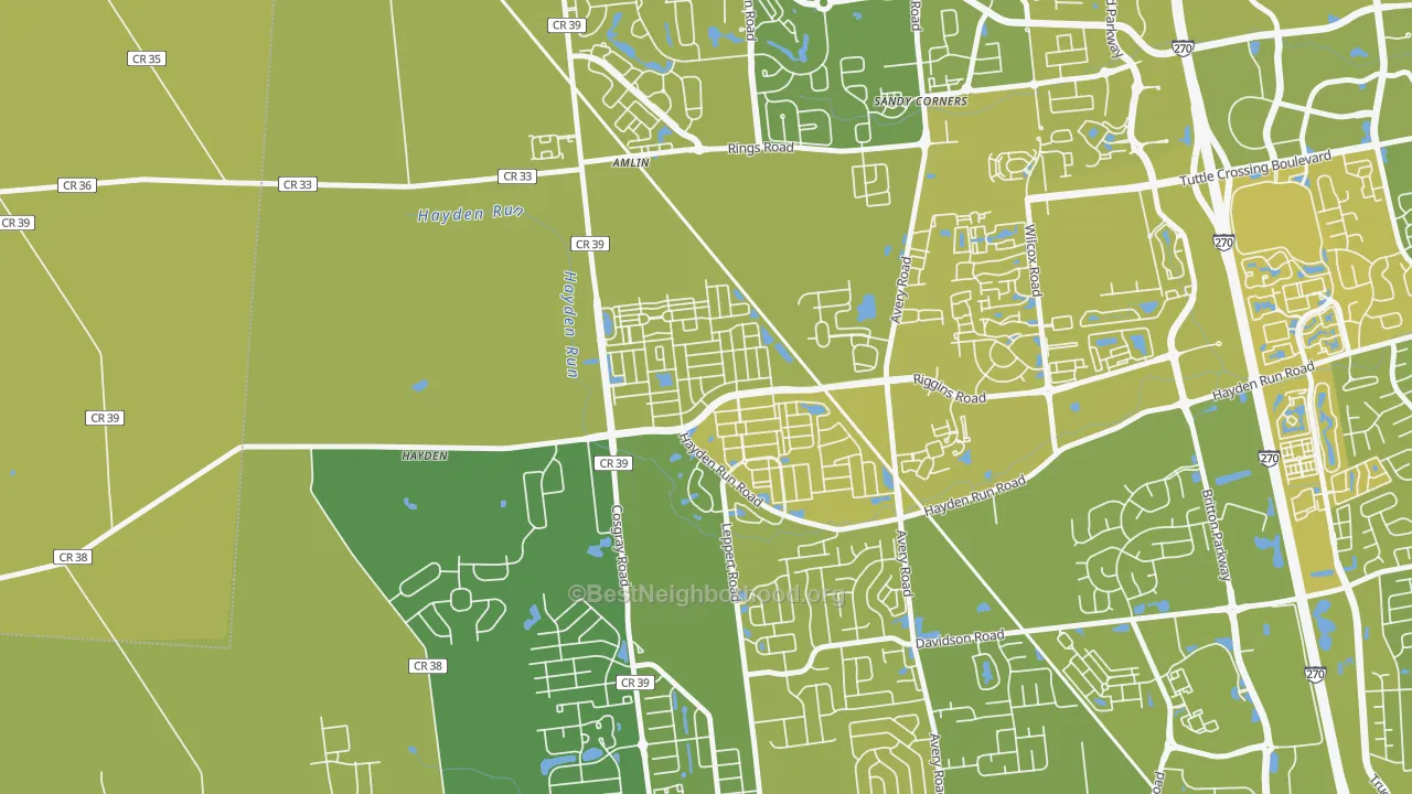 Map of the best neighborhoods in the 43002 area, with better matches in green and worse matches in red
